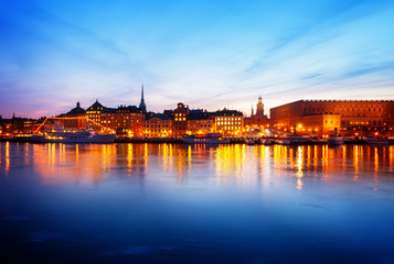 night skyline of the Gamla Stan Old Town in Stockholm, Sweden, toned