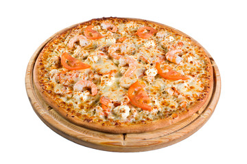 pizza for a directory or  menu with shrimps on  wooden board