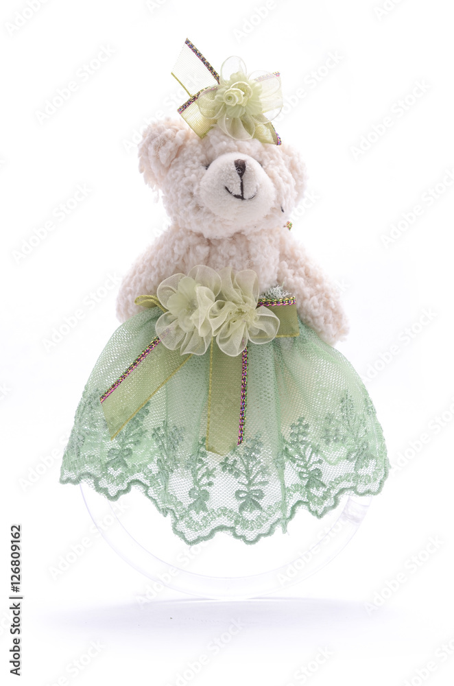 Wall mural soft toy bear in a dress isolated on white