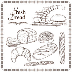 Set of hand drawn food: bread, french baguette, croissant and bun. Vector illustration, isolated on white