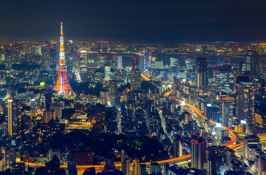 Tokyo city view and Tokyo landmark Tokyo Tower in evening