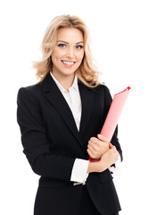 Young smiling businesswoman with red folder