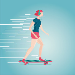 Urban girl is skating. Flat style cartoon illustartion.