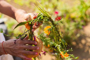 Flower and grass garlands for Tihar in Nepal © edan