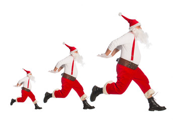 Santa Claus running to delivery christmas gifts on a white background
