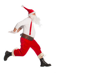 Santa Claus running to delivery christmas gifts on a white background
