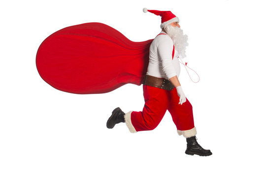Santa Claus running to delivery christmas gifts on a white background
