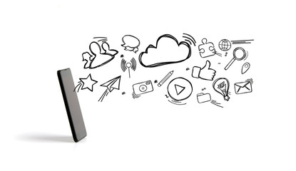 Multimedia icons going out a smartphone