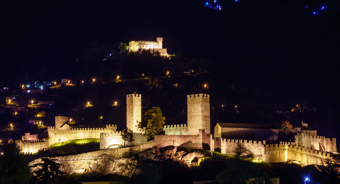 Ancient castle at night in Bellinzona