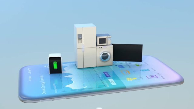 Smart appliances on a smart phone. Concept for home automation. 3D rendering animation.