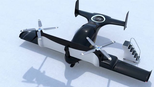 Autonomous flying drone taxi concept. 3D rendering animation.
