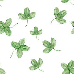 Watercolor minimalistic repeating texture with clover leaves isolated on white. Repeating green texture