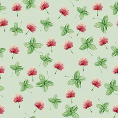 Fotobehang Watercolor seamless pattern with clover leaves and flowers. Fresh repeating texture  © Lileinaya
