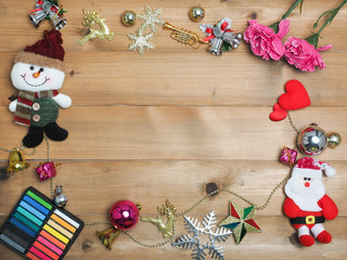 Christmas decoration cute object  ,snow,ball color,ribbon, with wood background  Top view,flat lay composition
