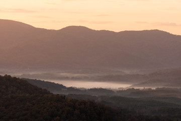 the Blue Ridge Mountains near Roanoke, Virginia, early in the morning with mist in the valleys