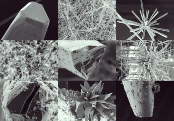 Nanotechnology collage. Crystal and whisker in microscope. Crystallization or solidification process view through the electron microscope with multiple increase in zoom in