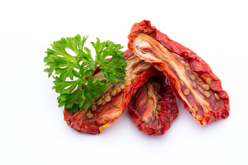 Dried tomatoes isolated on white background.