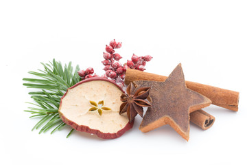 Christmas spices. Apple, anise, stars, cinnamon, pine. Isolated