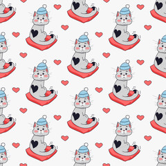 Pretty Kitten in Blue Hat and Red Pillow. Vector