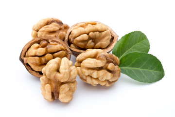 Walnut and walnut kernel isolated on the white background.