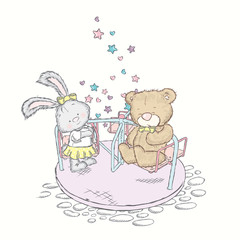 Bear and bunny ride on the carousel. Vector illustration for a card or poster.