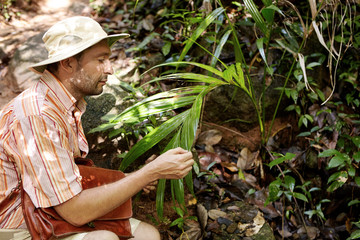 Science, biology, ecology, research and people concept. Side view of handsome bearded ecologist or biologist in hat and with briefcase at field work holding some exotic plant and examining its leaf