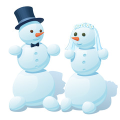 пара снеговиков - жених и невеста, жених в цилиндре и галстуке-бабочке, невеста в фате