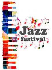 Colorful piano keys vector illustration, music instrument background with music notes. Jazz festival inscription. Jazz music concert poster. Jazz music lettering. Typographic music event invitation.