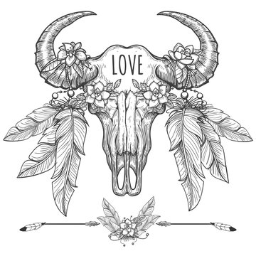 Hand drawn buffalo skull with flowers and feathers. T-shirt print or tatoo vector