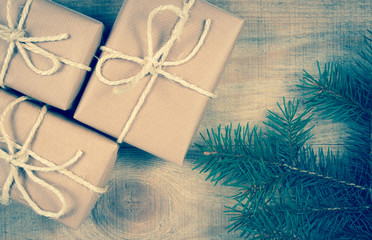 Rustic gift box with kraft paper. Christmas gift.