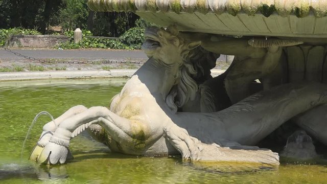 Villa Borghese, Rome, Italy, detail of Sea Horses fountain. Beautiful historical park in Rome. Travel, tourism destination, Italian history, summer holidays in Europe