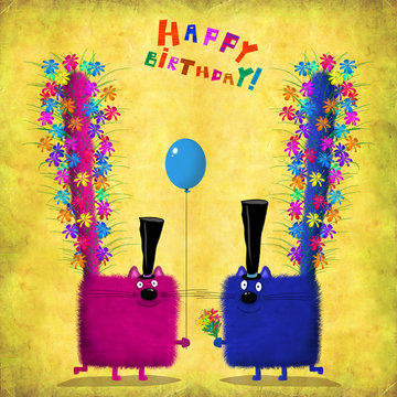 Birthday Card Cats With Top Hats And Flowers InTails