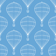 Obraz premium Vintage hot air balloons blue seamless pattern. Vector illustration