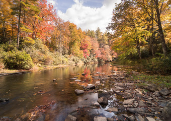 mountain river and colorful trees in the Appalachian mountains of western North Carolina