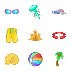 Relax on beach icons set. Cartoon illustration of 9 relax on beach vector icons for web