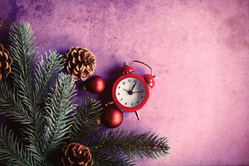alarm clock and pine branch