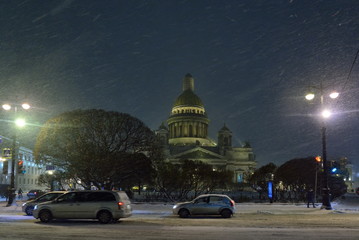 St. Isaac's Cathedral in the snow  night