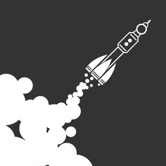 Linear rocket icon with clouds on a black background - vector il
