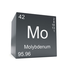 Molybdenum chemical element symbol from the periodic table displayed on black cube