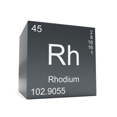 Rhodium chemical element symbol from the periodic table displayed on black cube