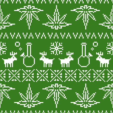 Pixel Art Christmas Weed Seamless Vector Background Green