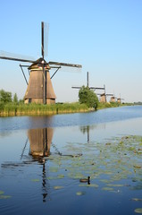 Traditional dutch windmills in the famous place of Kinderdijk, UNESCO world heritage site. Netherlands, Europe.