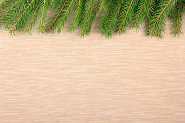 Christmas textile background with snow fir tree. Top view, space for your text