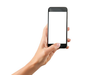 hand holding cellphone with white screen at isolated background