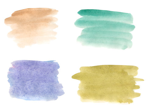 Watercolor, brushstrokes of different colors. Shaded fragments of yellow, violet, pine green and light peach colours