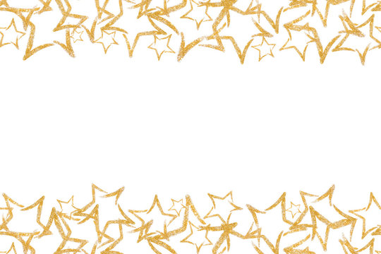 Photo Scattered Sequins In The Shape Of A Star. Seamless Border With Gold Glitter Star. Sequins. Golden Shine. Powder. Glitter. Shining Symbol.