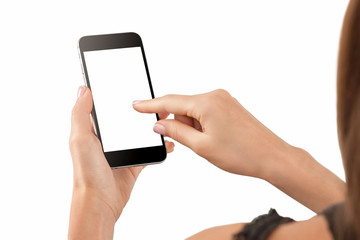hand holding cellphone with white screen at isolated background