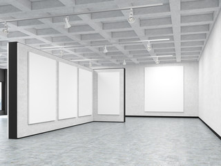 Empty art gallery with blank pictures