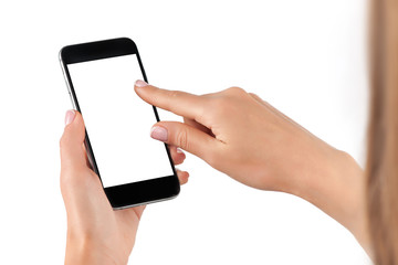 hand holding cellphone with white screen at isolated background