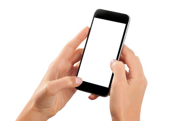 hand holding cellphone with white screen at isolated background